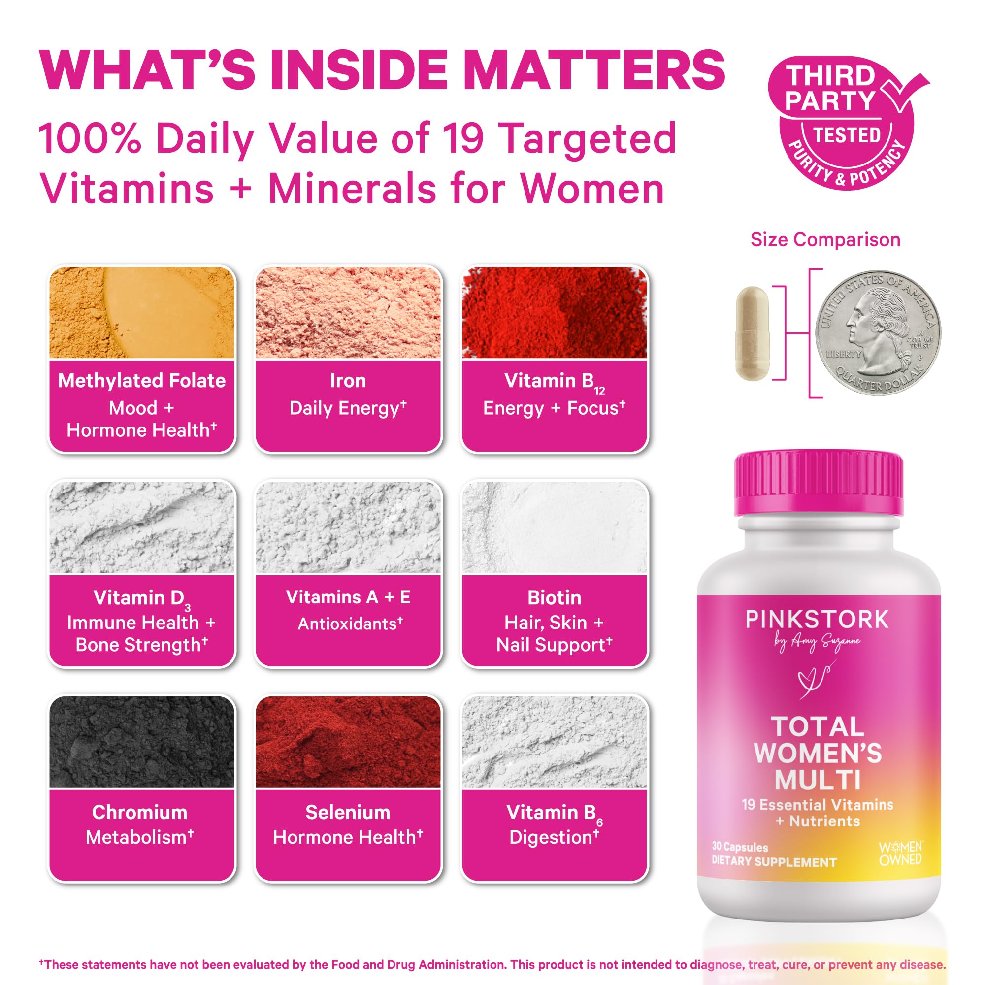Pink Stork Total Multivitamínico para Mujeres, cápsulas fáciles de ingerir.