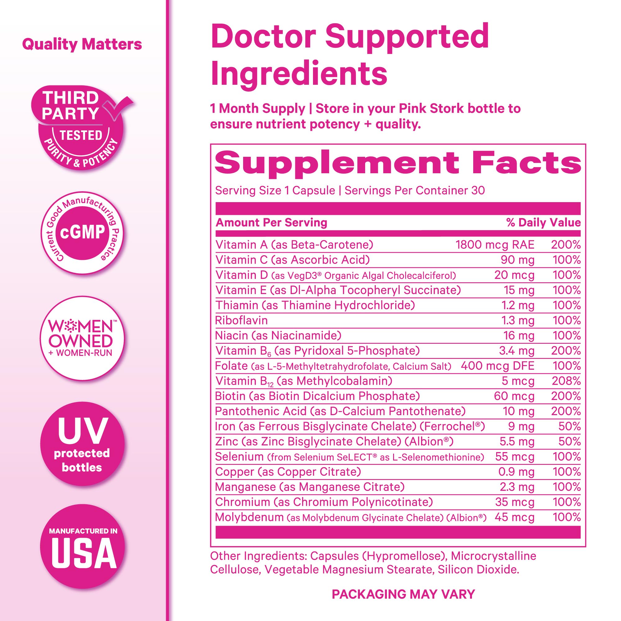 Envase UV protegido de Pink Stork Total Multivitamínico para Mujeres.