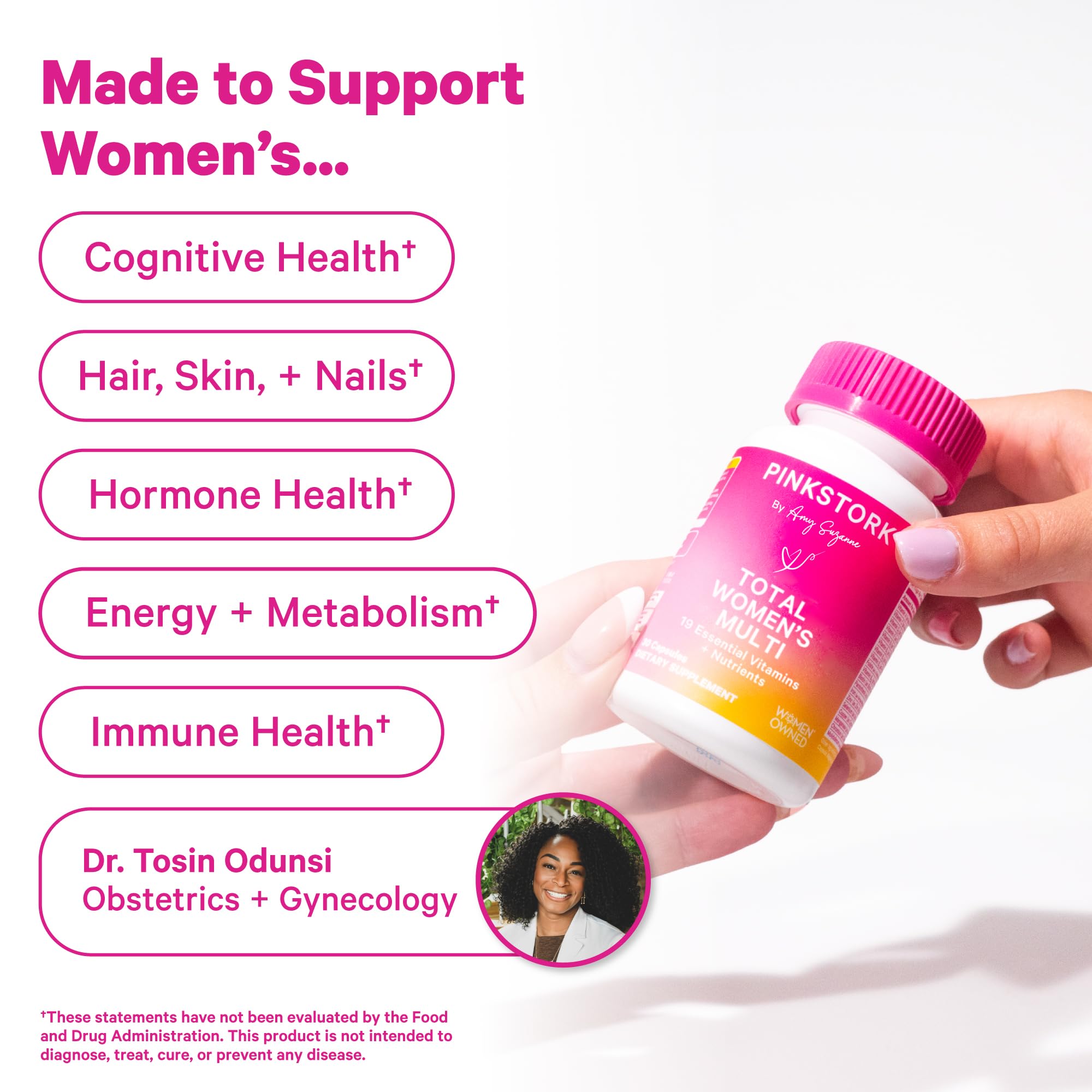 Frontal de la etiqueta Pink Stork Total Multivitamínico para Mujeres.