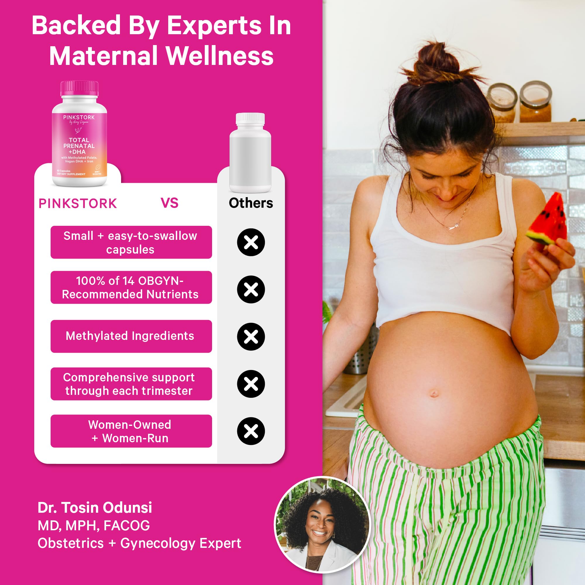 Etiqueta del Pink Stork Total Prenatal con nutrientes clave visibles