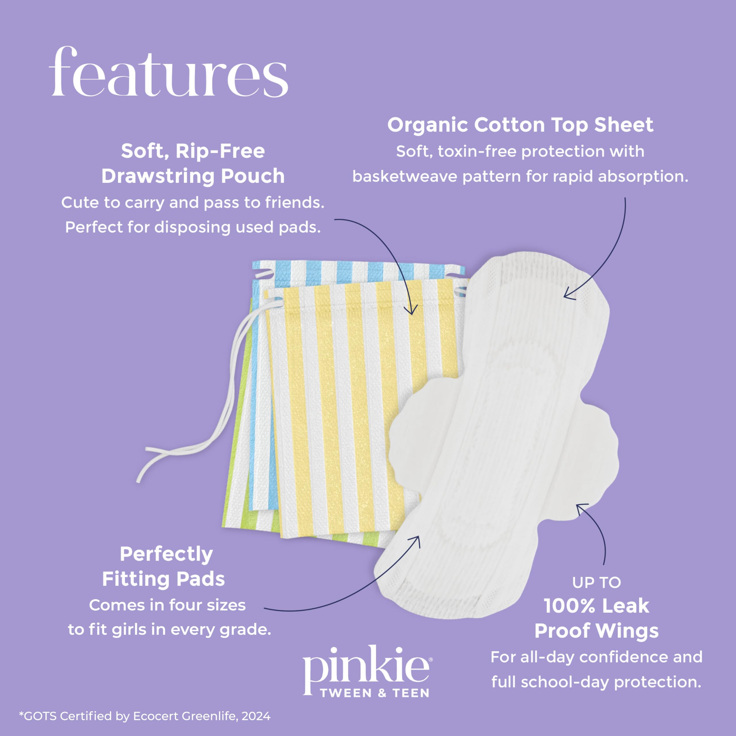 Pinkie Period Starter Pads regular pack, cobertura adecuada para días completos en la escuela.