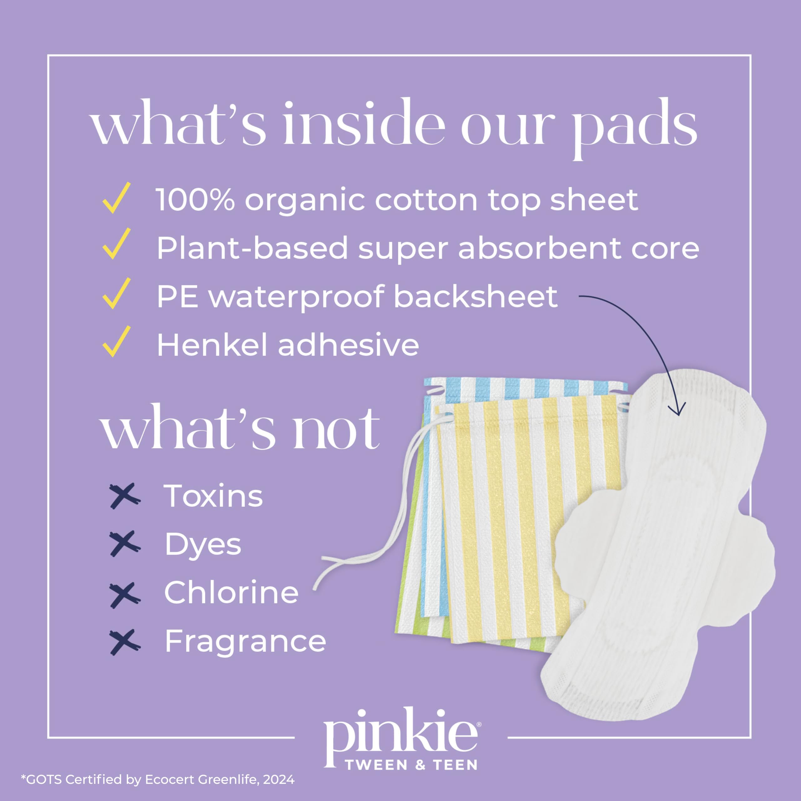 Pinkie Period Starter Pads topsheet orgánico, superficie suave que ayuda a sentirse seco.
