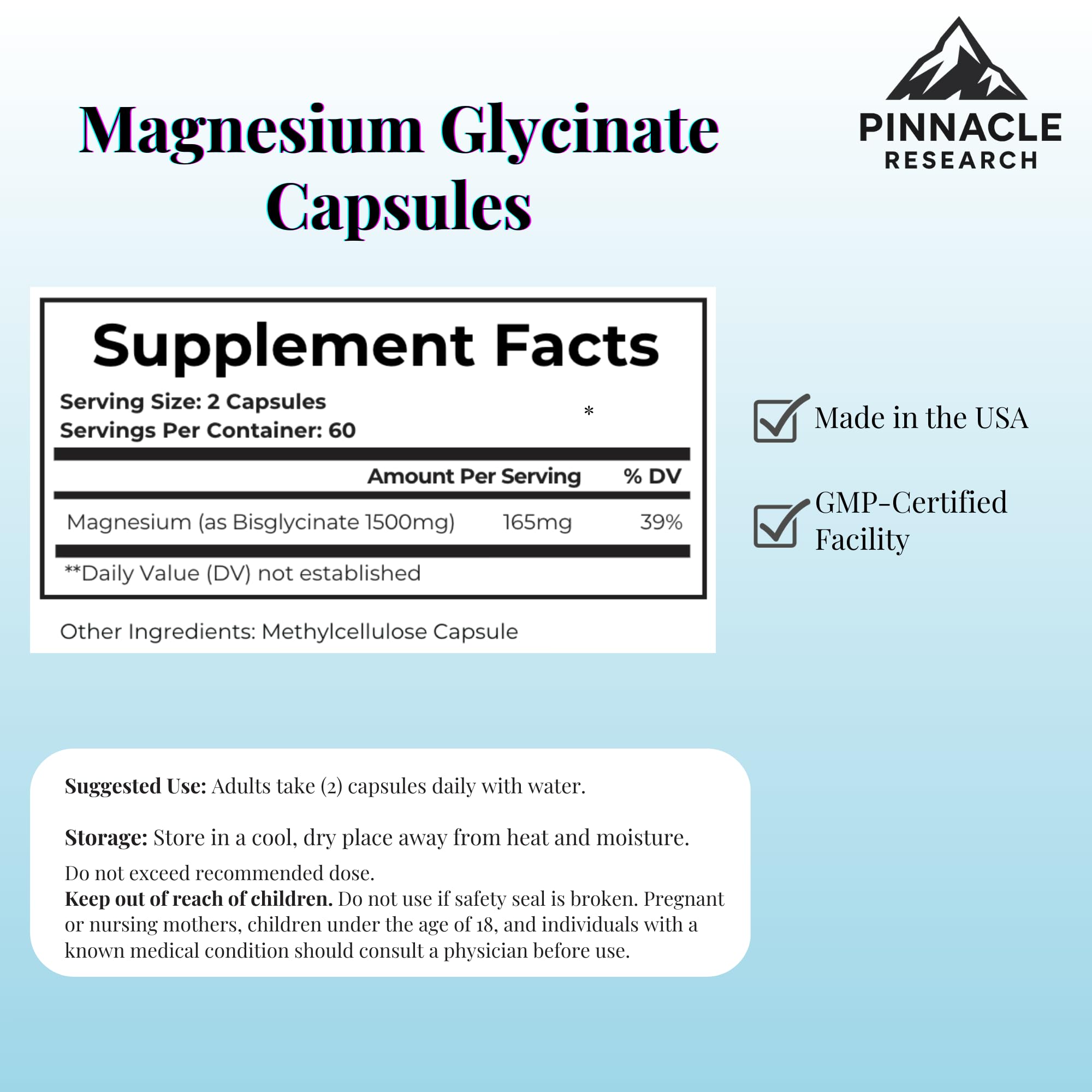 Pinnacle Research Magnesio glicinato en cápsulas, magnesio bien absorbido para uso diario.