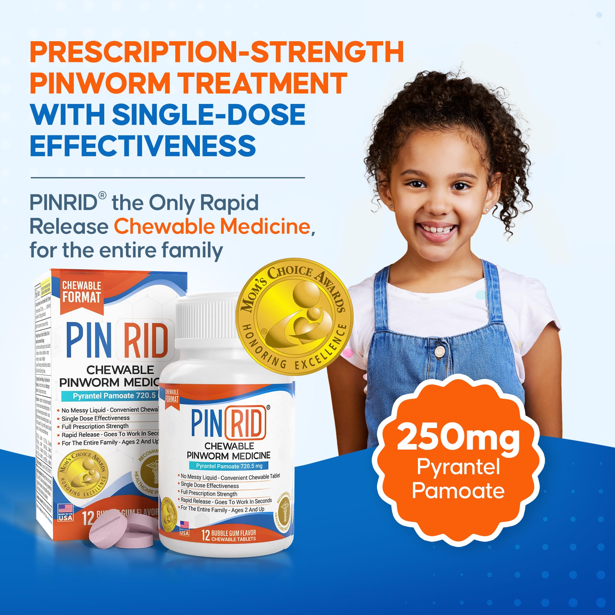 PIN RID – tabletas masticables de chicle, sabor agradable para niños.