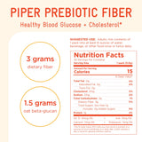 Piper Biosciences Prebiotic Fiber: etiqueta que destaca beta-glucano y fibra soluble