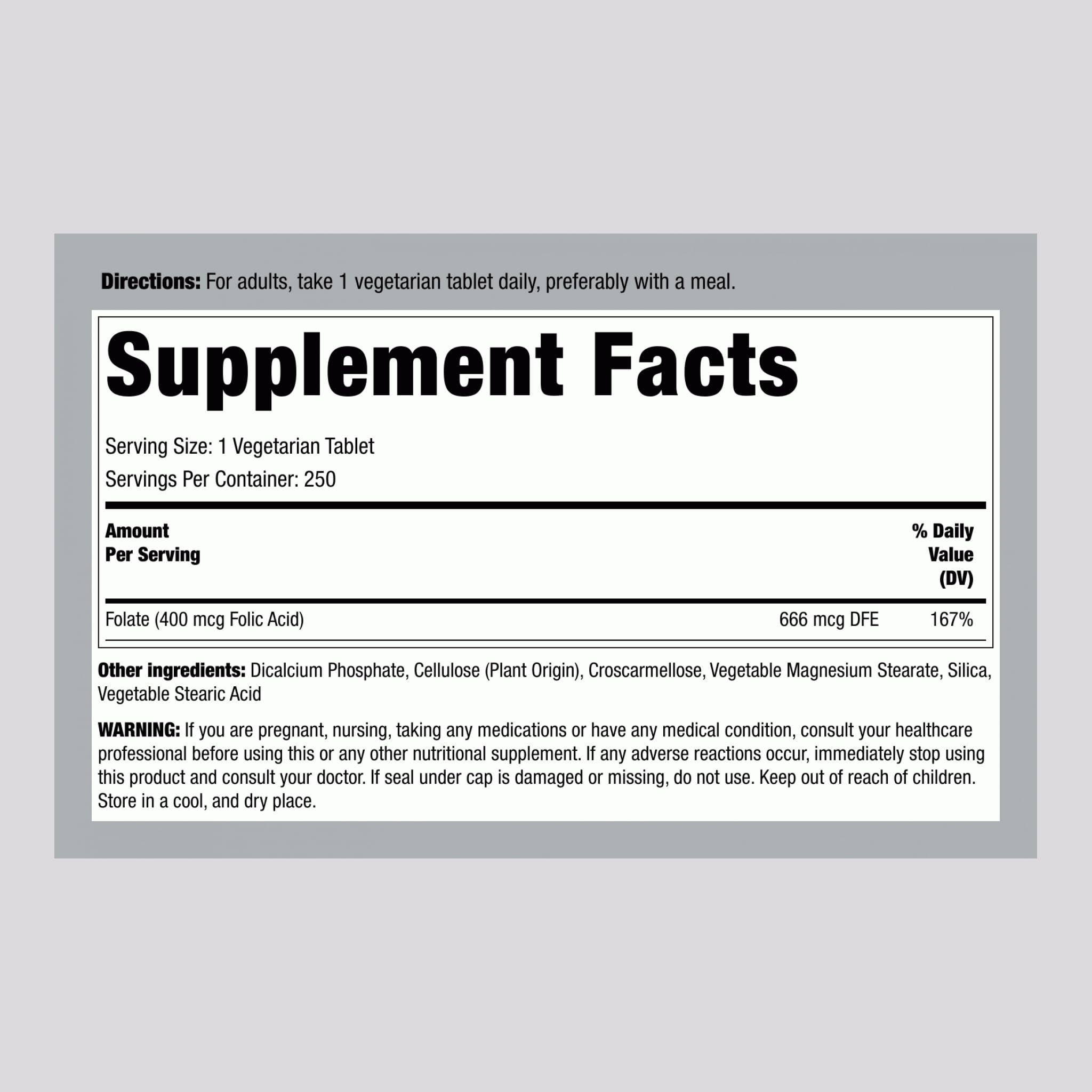 Piping Rock ácido fólico 400 mcg en caja, sin OGM ni gluten.
