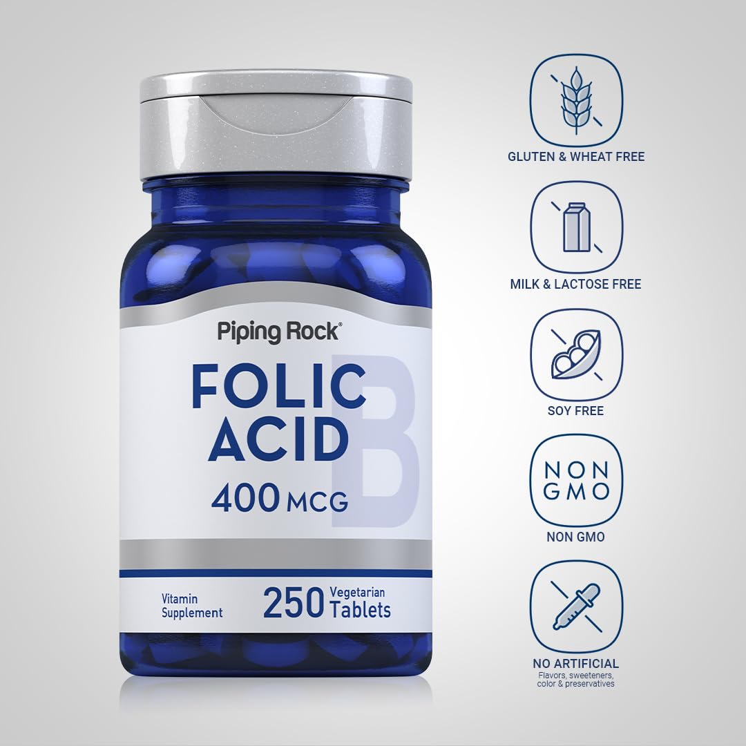 Etiqueta de Piping Rock con ácido fólico 400 mcg para uso diario.