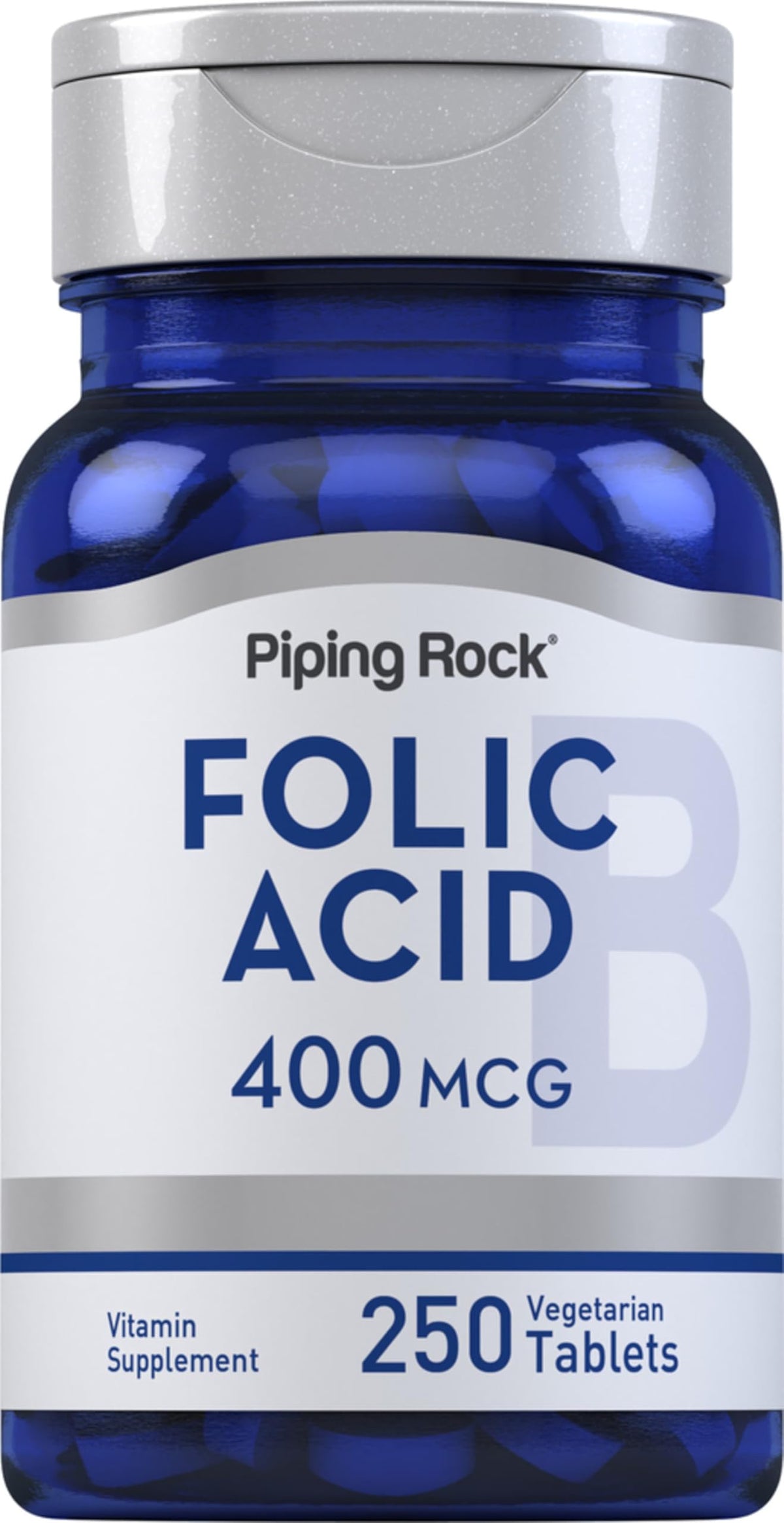 Piping Rock ácido fólico 400 mcg en frasco con tabletas vegetarianas para uso diario.