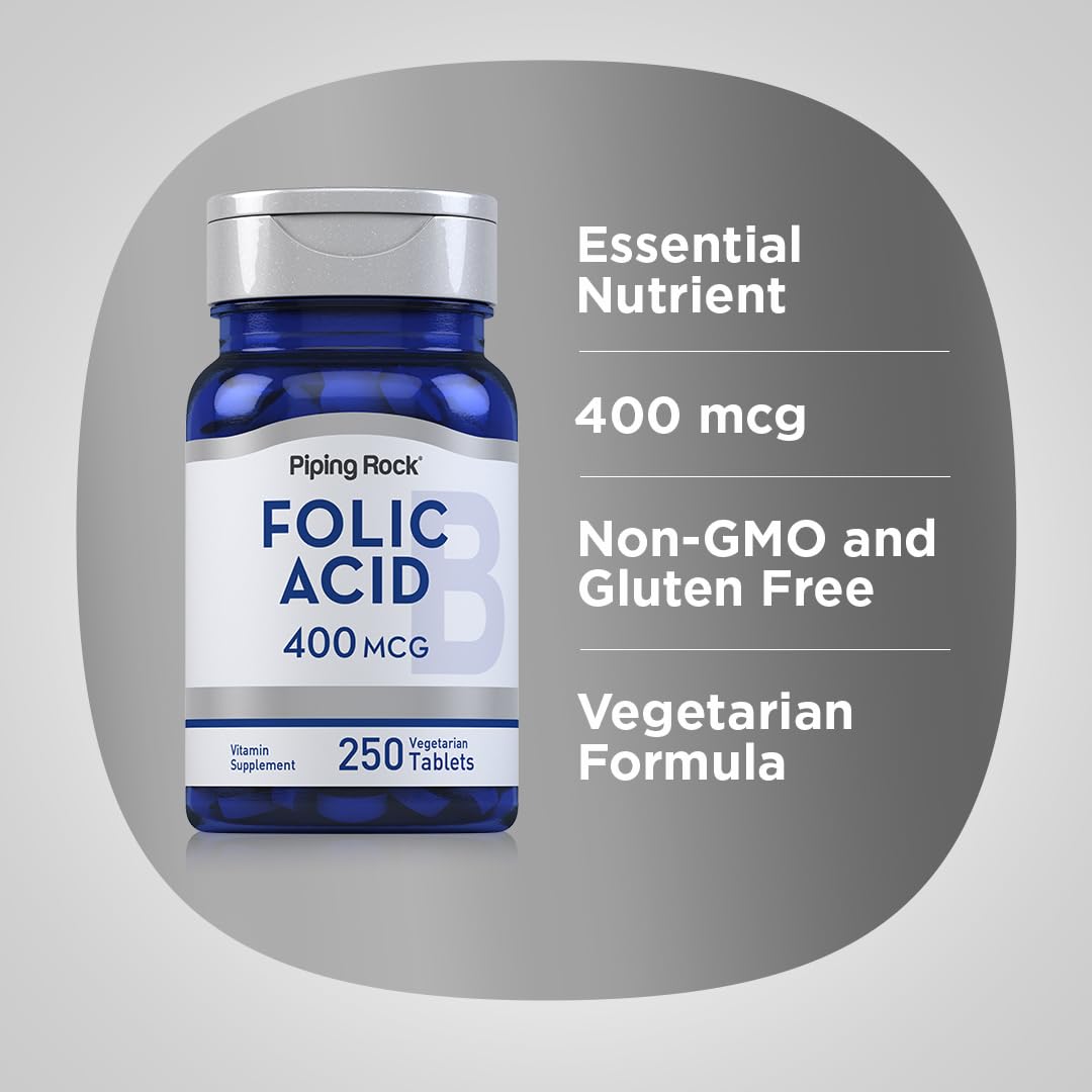 Tabletas en mano: Piping Rock ácido fólico 400 mcg vegetariano.