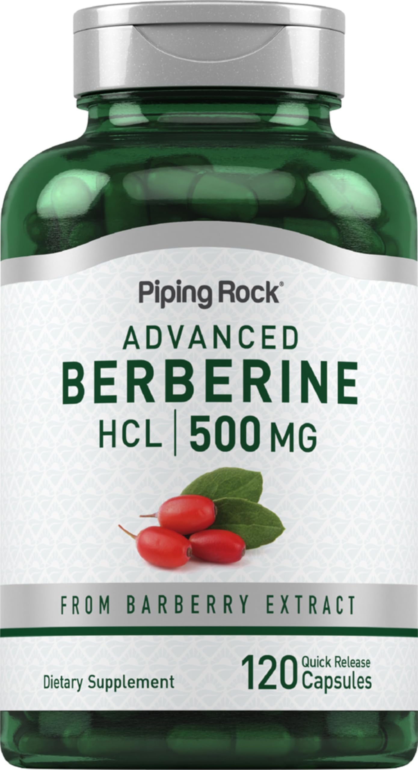 Piping Rock Berberina HCL cápsulas 500 mg en bote, apoyo práctico para la rutina diaria.