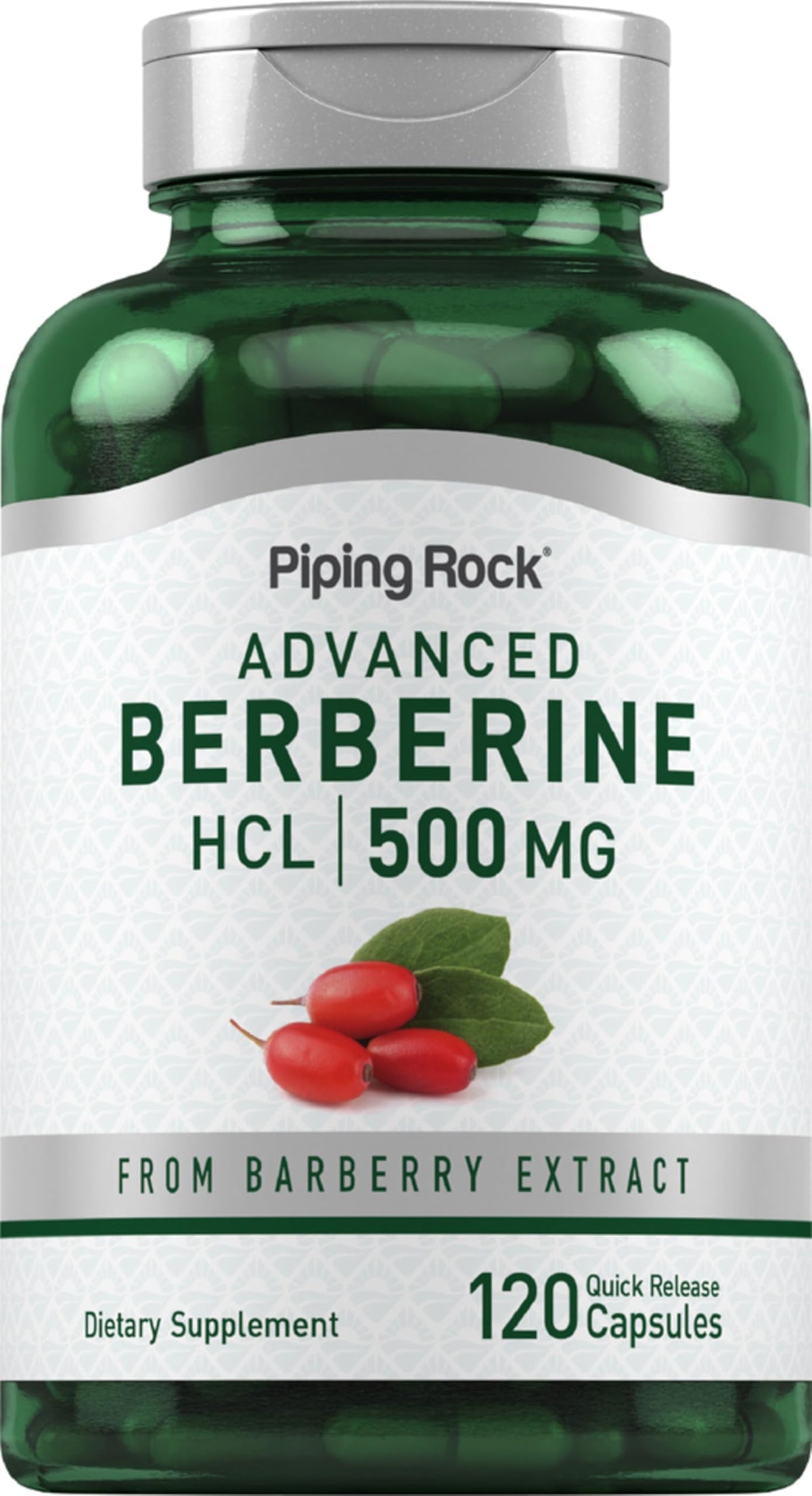 Piping Rock Berberina HCL cápsulas 500 mg en bote, apoyo práctico para la rutina diaria.