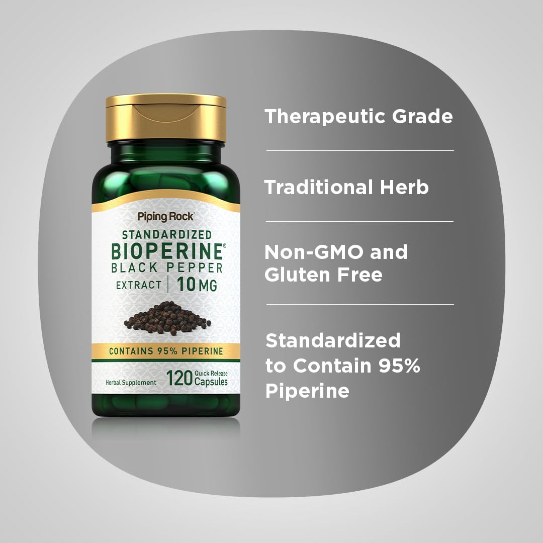 Piping Rock Bioperine, etiqueta detallada, información de calidad y pureza.