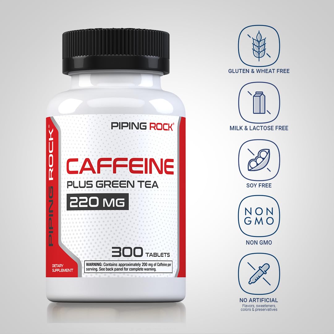 Etiqueta de cafeína Piping Rock con extracto de te verde, apoyo a la energia sostenida.
