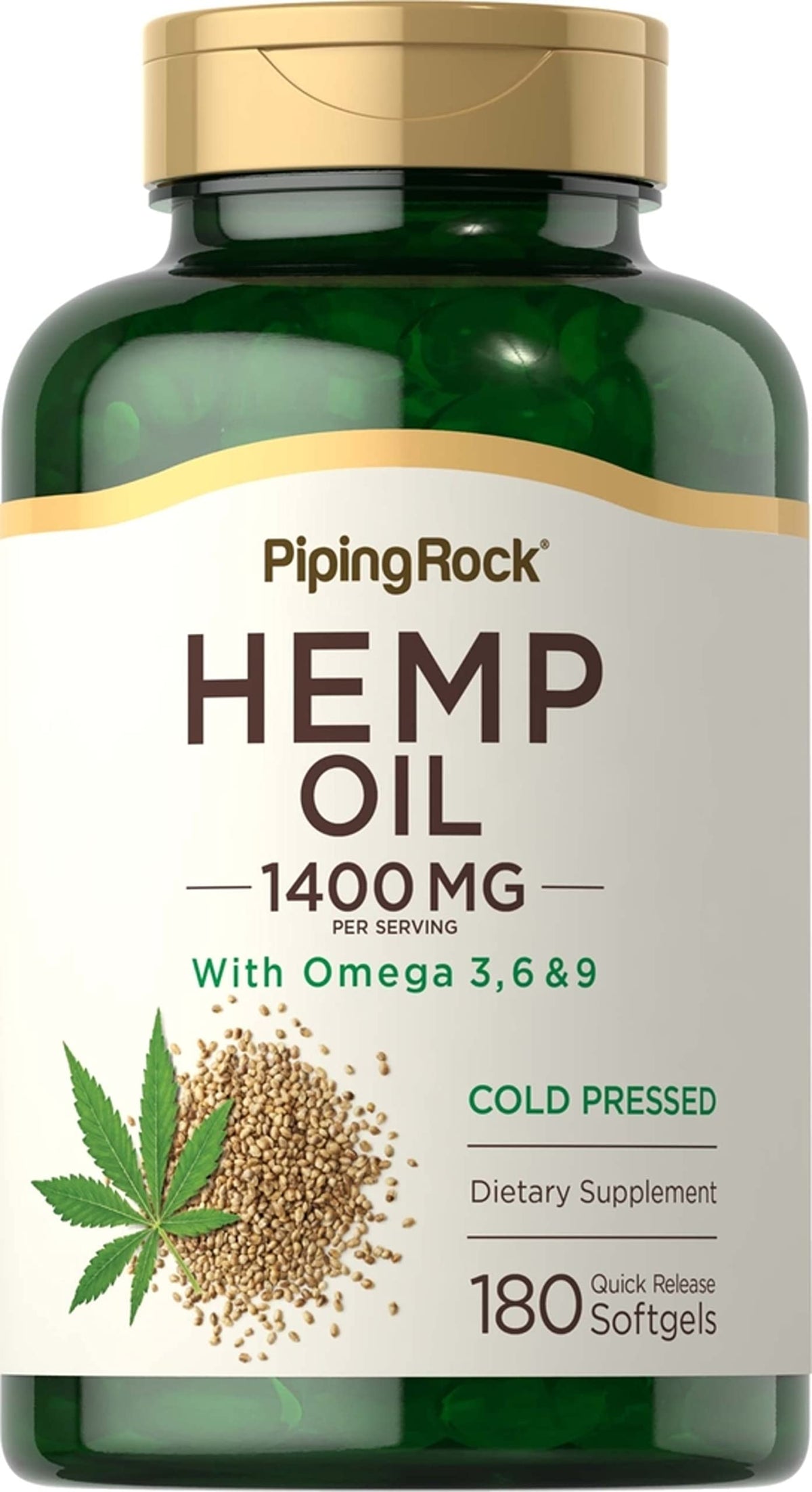 Piping Rock canamo cápsulas 1400mg, botella frontal, ingesta rápida y conveniente.