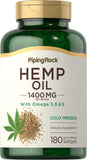 Piping Rock canamo cápsulas 1400mg, botella frontal, ingesta rápida y conveniente.