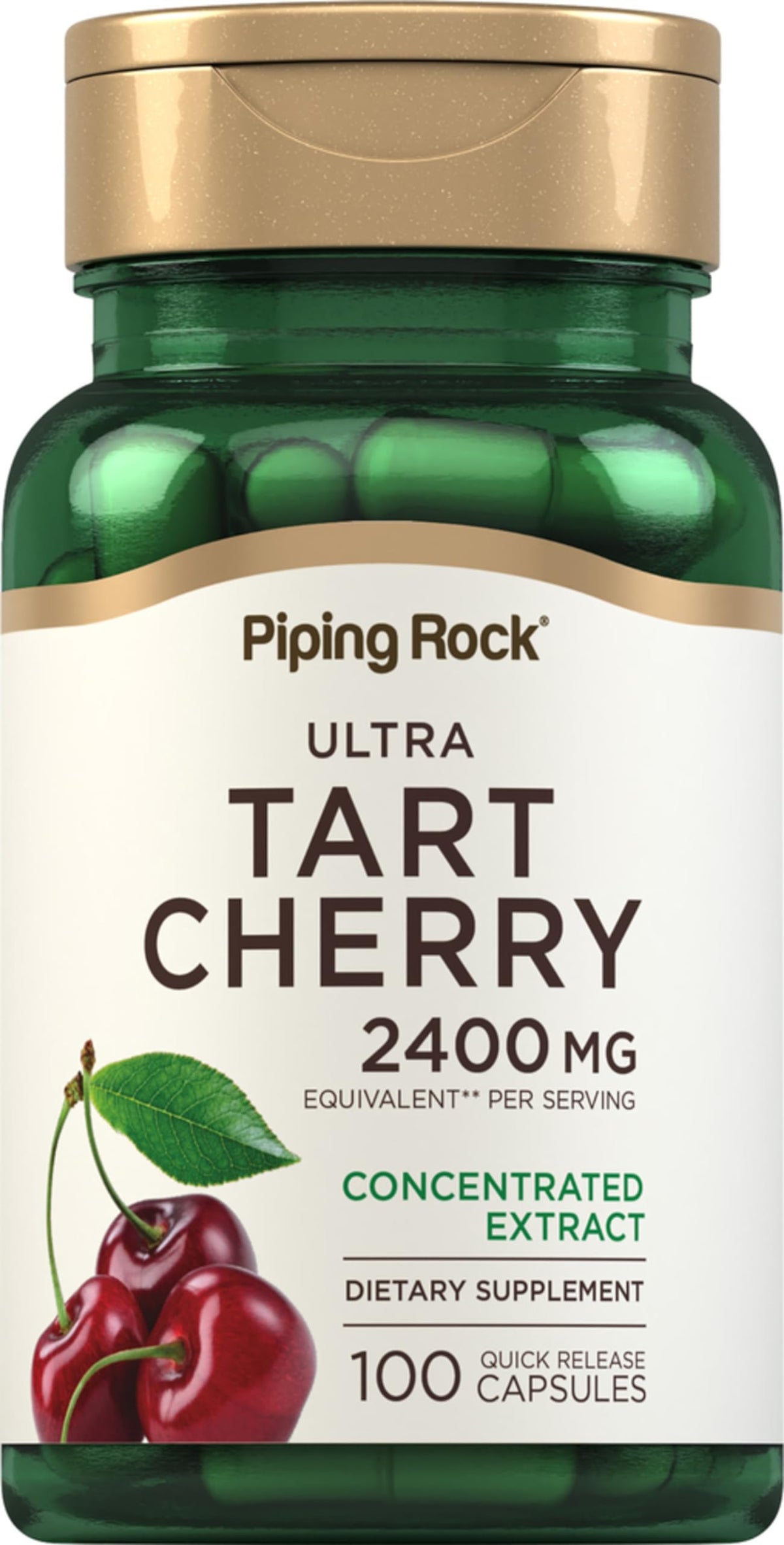 Piping Rock cápsulas de cereza ácida en frasco para apoyo al estilo de vida saludable.