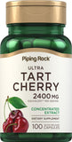 Piping Rock cápsulas de cereza ácida en frasco para apoyo al estilo de vida saludable.