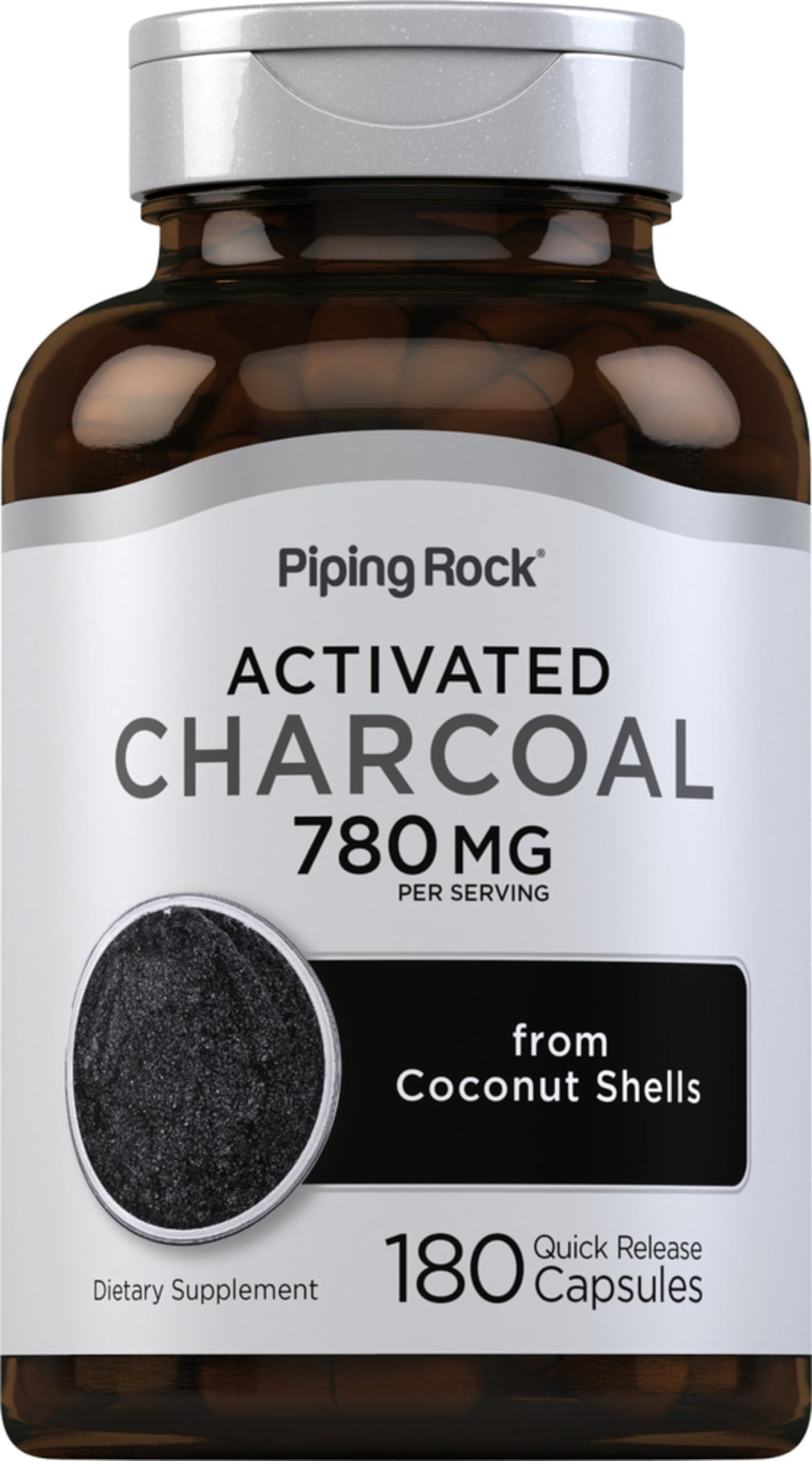 Piping Rock carbón activado cápsulas 780 mg en bote, absorbentes naturalmente.