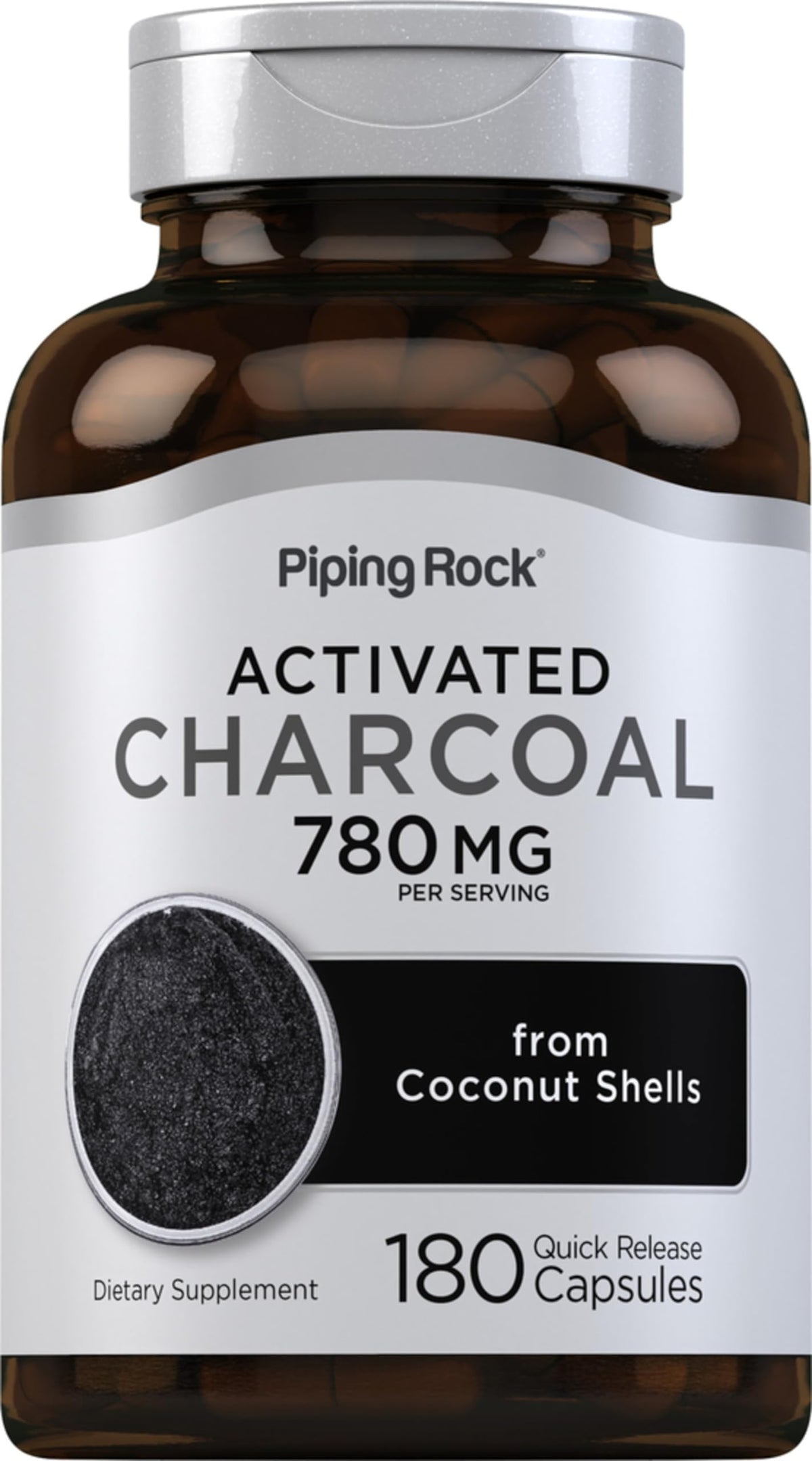 Piping Rock carbón activado cápsulas 780 mg en bote, absorbentes naturalmente.