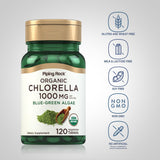 Piping Rock Chlorella: detalle de tableta con pared celular rota para absorción