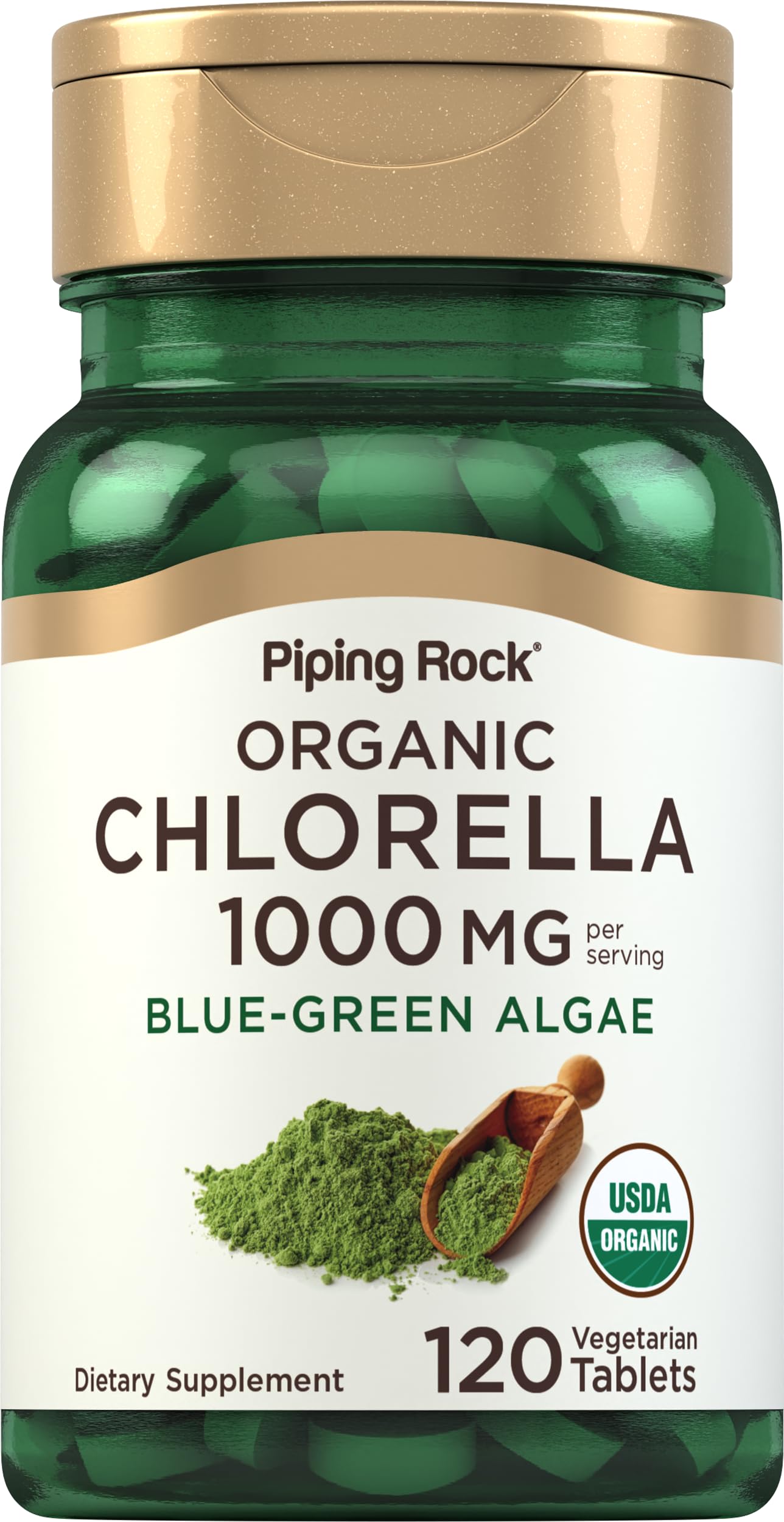 Piping Rock Chlorella: frasco frontal con 120 tabletas de 1000 mg, uso diario