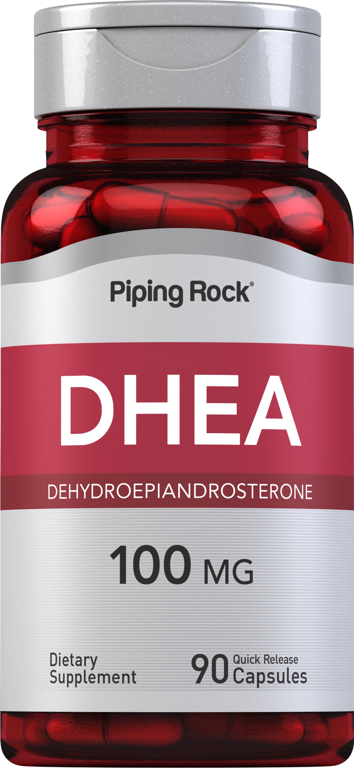 Piping Rock DHEA: cápsulas de 100 mg en botella, comodidad para la rutina diaria.