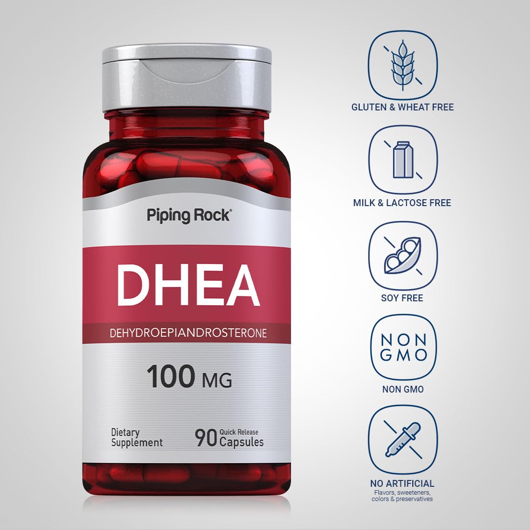Piping Rock DHEA: etiqueta clara para identificar la dosis.