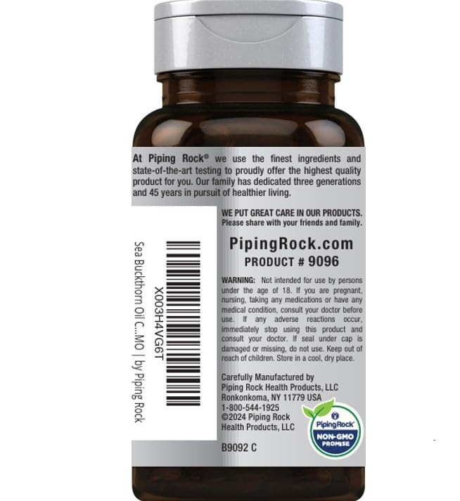 Piping Rock Sea Buckthorn etiqueta resalta Omega-7 y beneficios