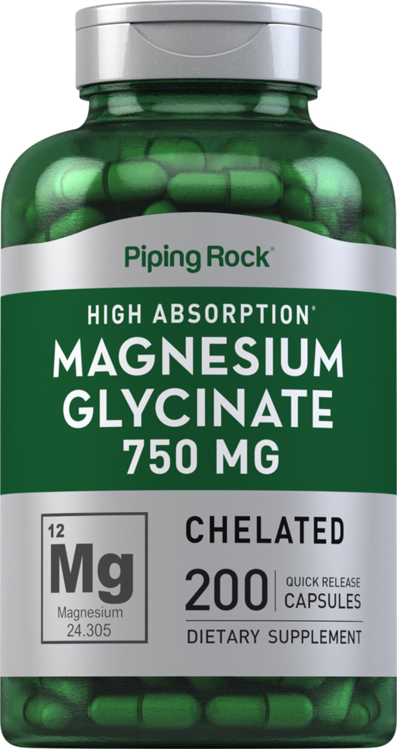 Piping Rock magnesio glicinato en frasco, toma diaria fácil y conveniente.