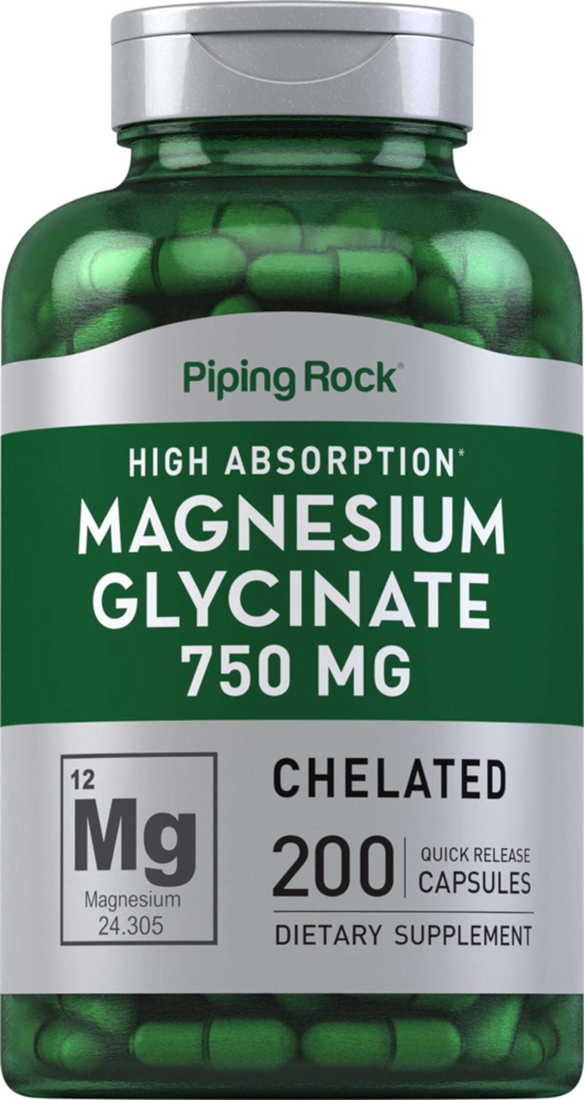 Piping Rock magnesio glicinato en frasco, toma diaria fácil y conveniente.