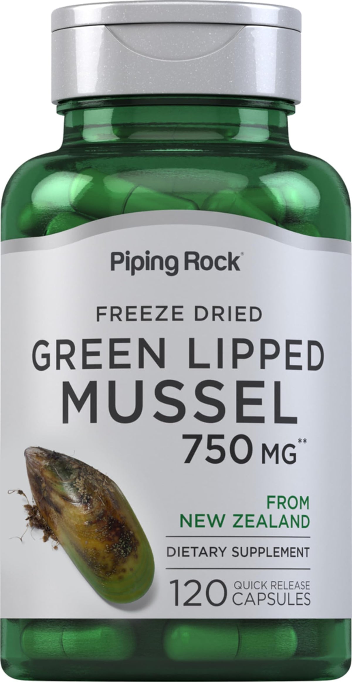 Piping Rock Mejillón de labios verdes: botella de 120 cápsulas para uso diario.