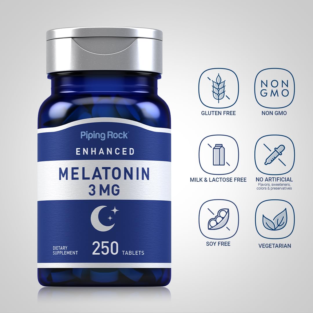 Etiqueta de Piping Rock Melatonina 3 mg destacando ingredientes de calidad