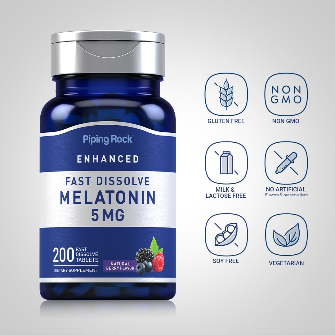 Piping Rock Melatonina 5 mg, tabletas sin gluten, sabor frambuesa, uso nocturno.