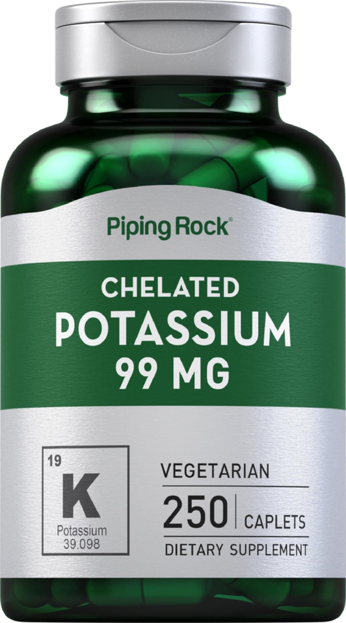 Piping Rock Potasio Quelatado 99 mg en cápsulas, frasco práctico para dosis diaria.