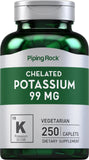 Piping Rock Potasio Quelatado 99 mg en cápsulas, frasco práctico para dosis diaria.