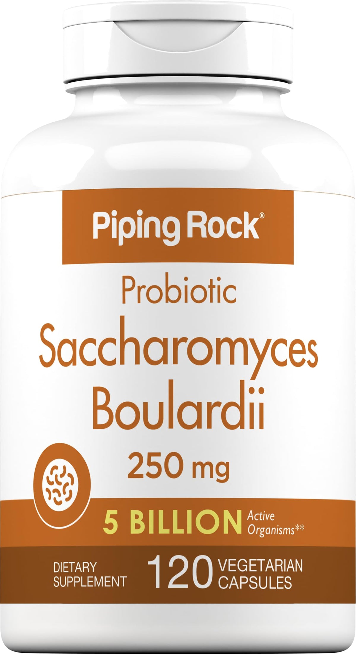 Piping Rock Saccharomyces boulardii cápsulas en frasco primer plano para uso diario.