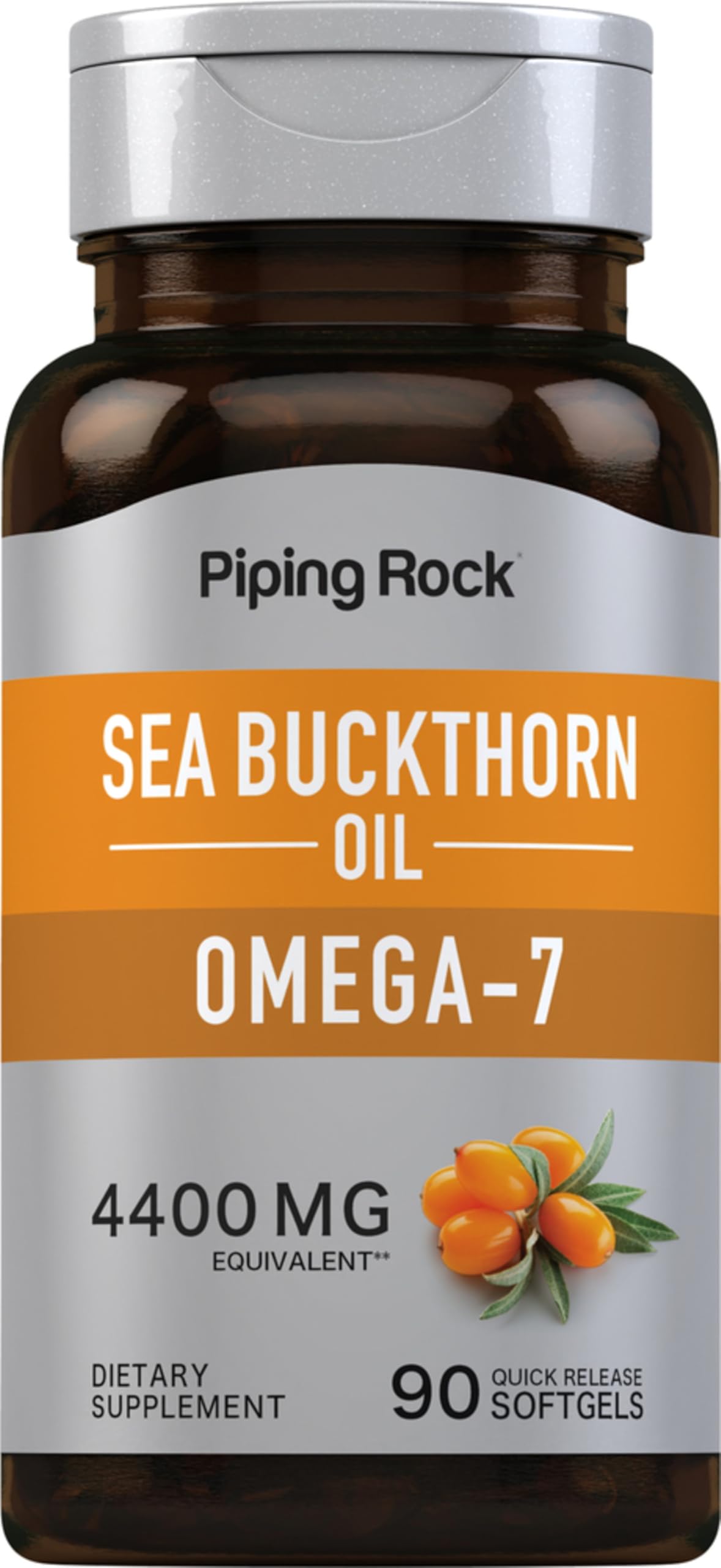 Piping Rock Sea Buckthorn cápsulas blandas frente a la botella, consumo diario cómodo
