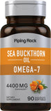 Piping Rock Sea Buckthorn cápsulas blandas frente a la botella, consumo diario cómodo