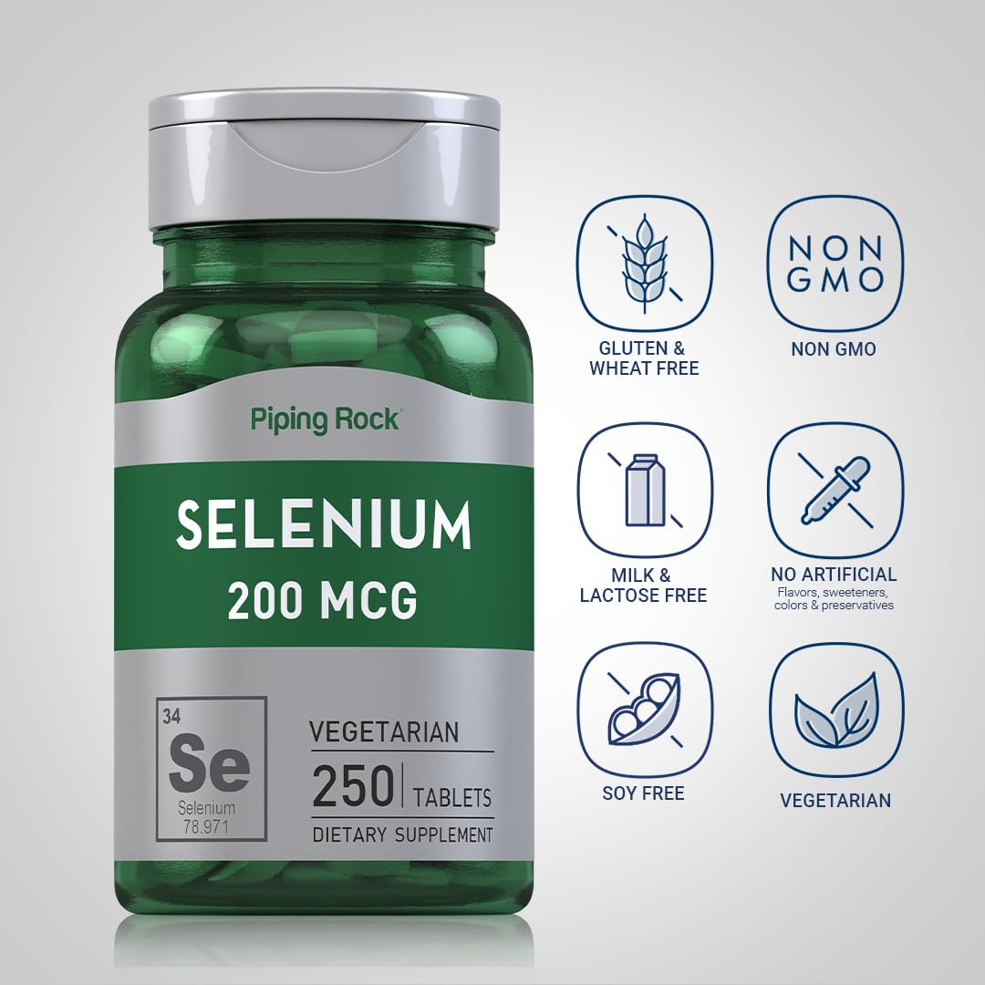 Tabletas en caja de Piping Rock Selenio 200mcg, conveniente para uso diario.