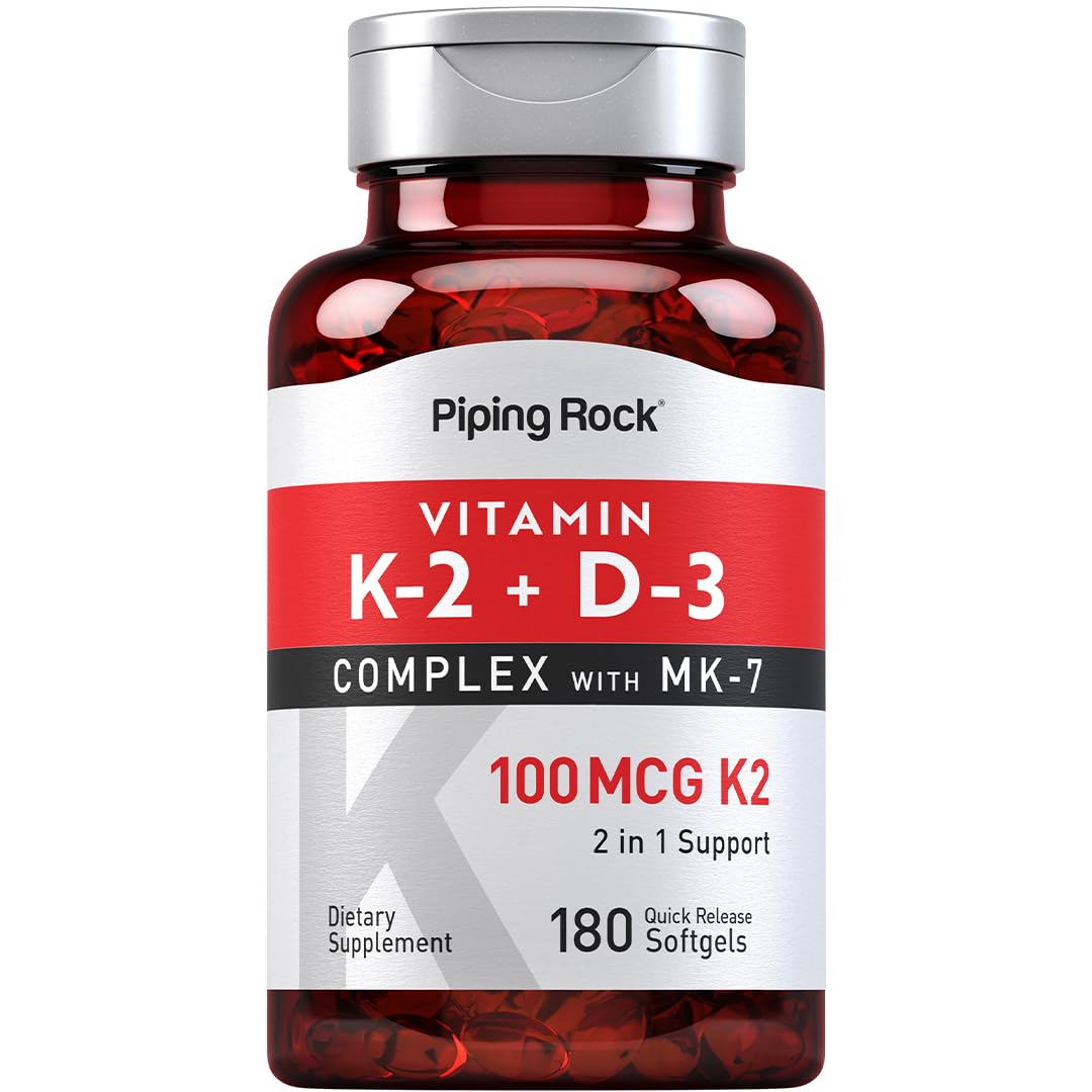 Piping Rock suplemento K2 D3, botella frontal, uso diario recomendado.