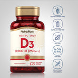 Piping Rock Vitamina D3 10,000 UI: cápsulas dentro del frasco para consumo diario.