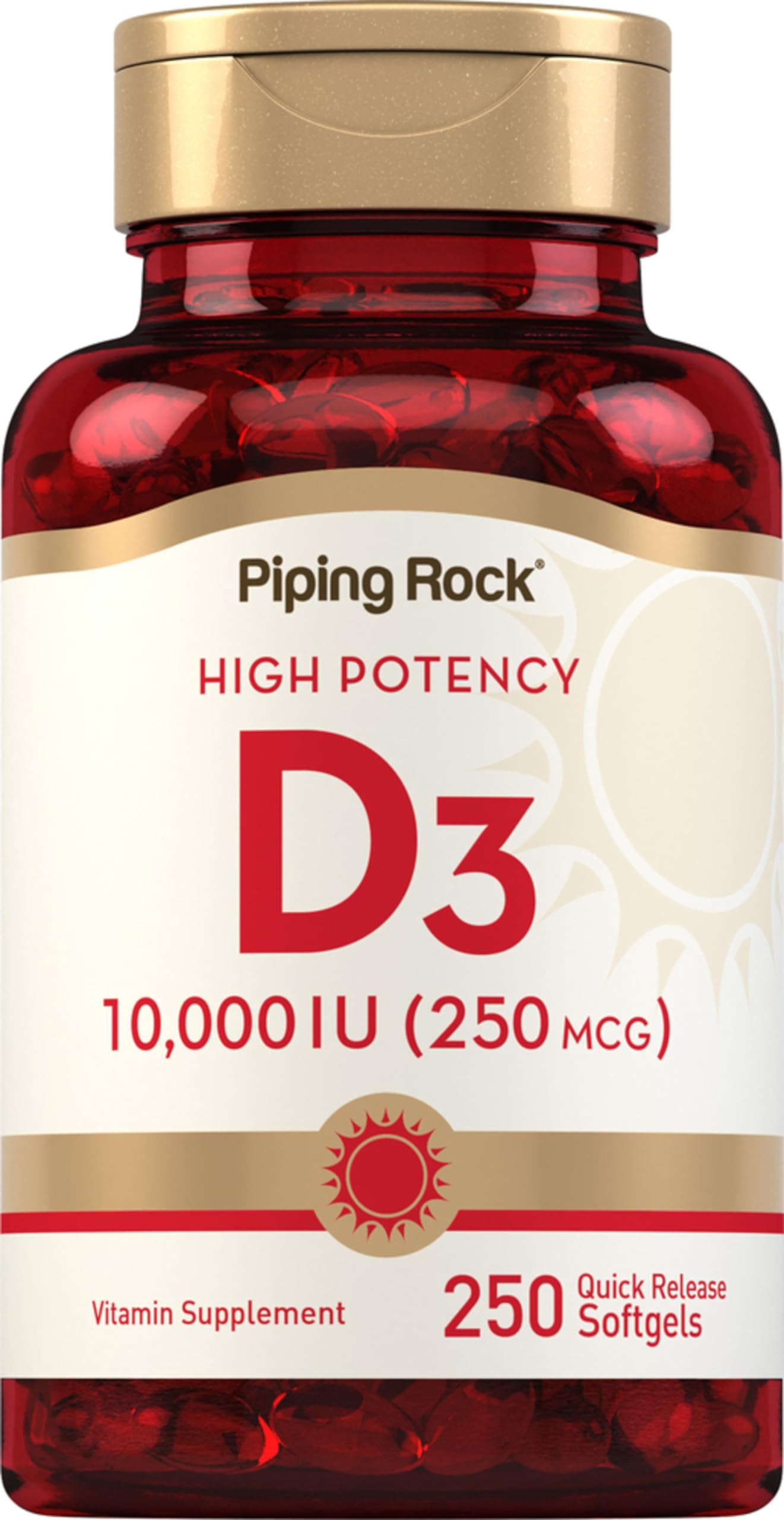 Piping Rock Vitamina D3 10,000 UI: frasco de cápsulas para tu rutina diaria.