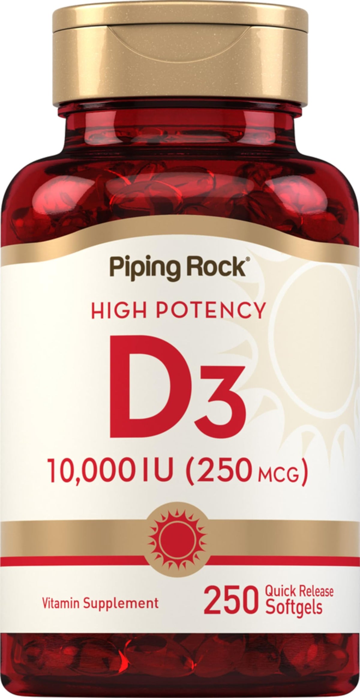 Piping Rock Vitamina D3 10,000 UI: frasco de cápsulas para tu rutina diaria.