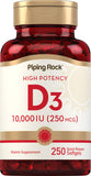 Piping Rock Vitamina D3 10,000 UI: frasco de cápsulas para tu rutina diaria.