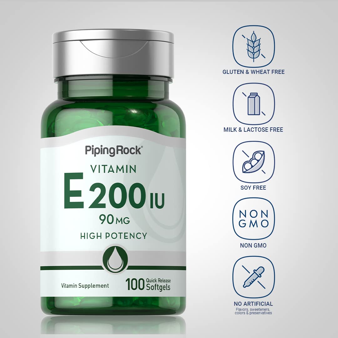 Etiqueta clara de Piping Rock Vitamina E para dosis diaria recomendada.