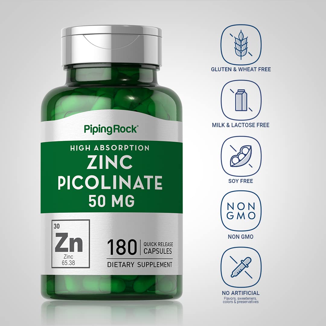 Etiqueta clara de Piping Rock Zinc Picolinato 50 mg para lectura sencilla.
