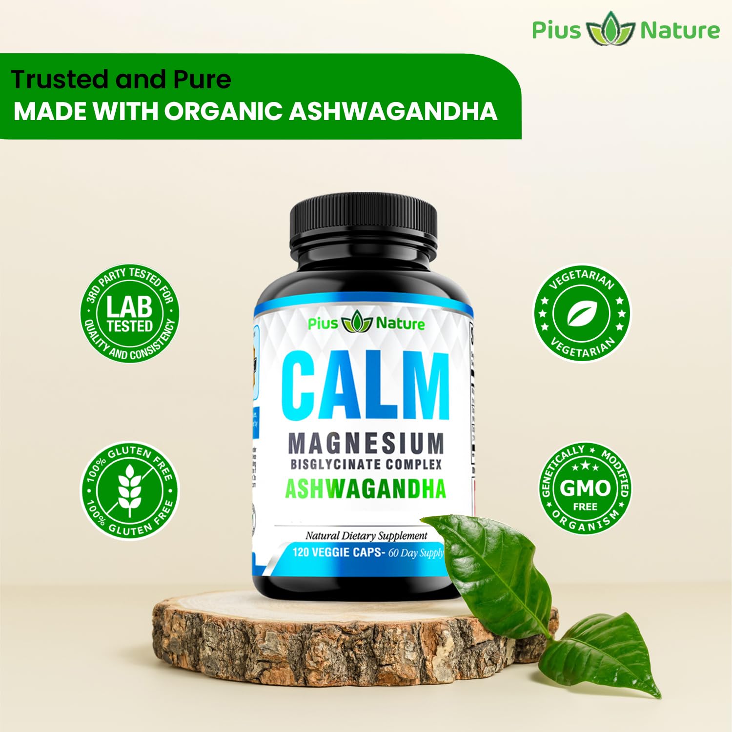 PIUS NATURE Calm etiqueta detallada que resalta magnesio y ashwagandha