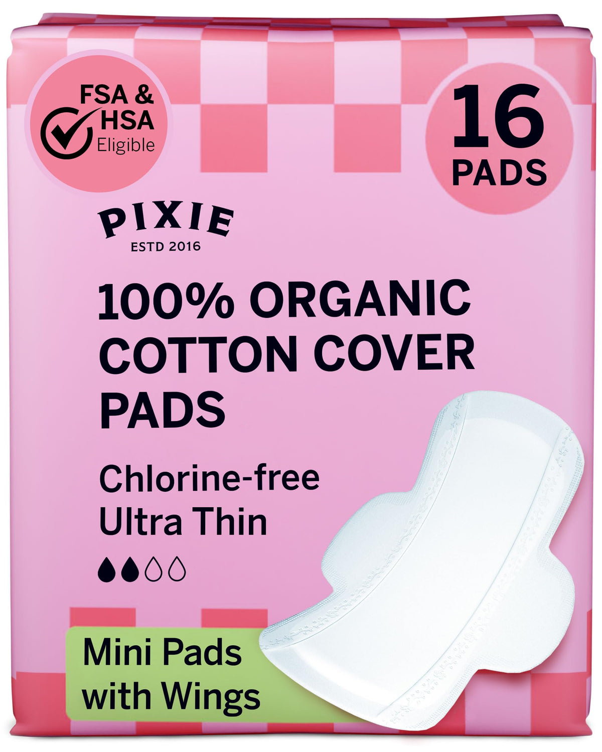 Pixie compresa mini ultradelgada con alas para flujo ligero.