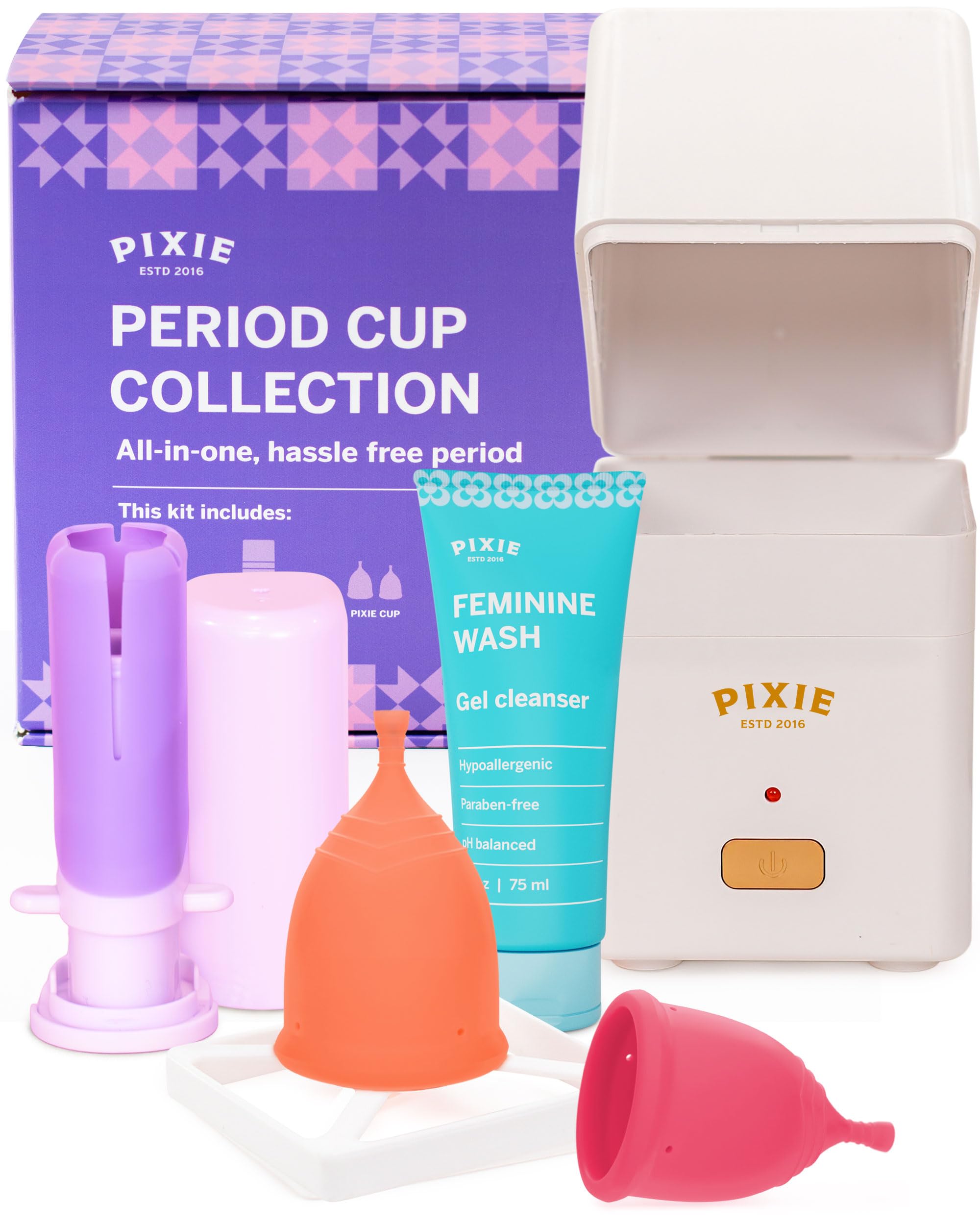 Pixie Cup Colección completa: dos copas y accesorios para un cuidado cómodo.