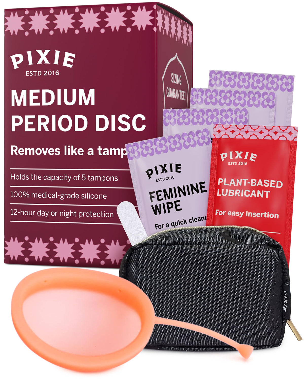 Pixie Cup Disc coral, uso 12 horas para comodidad diaria.